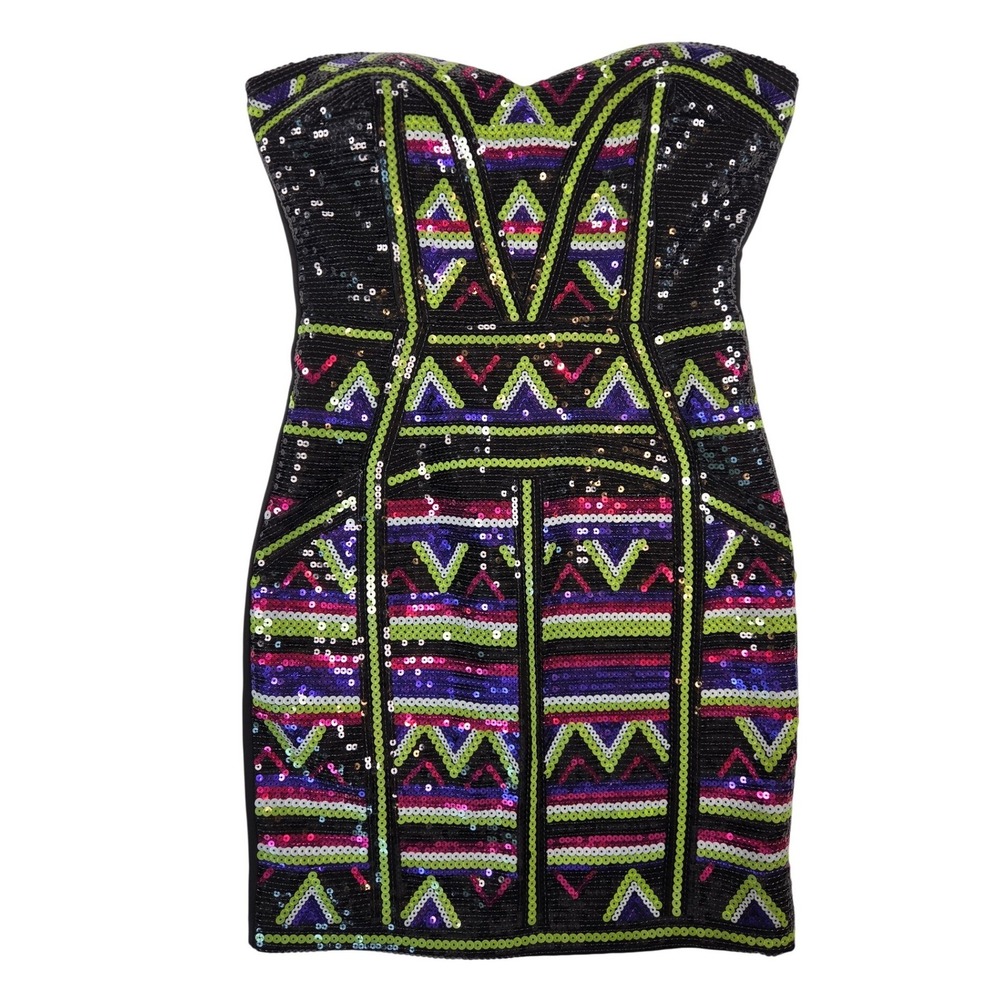 bebe Y2K Colorful Sequin Strapless Cocktail Dress Body Con Glam Prom Party Sz M